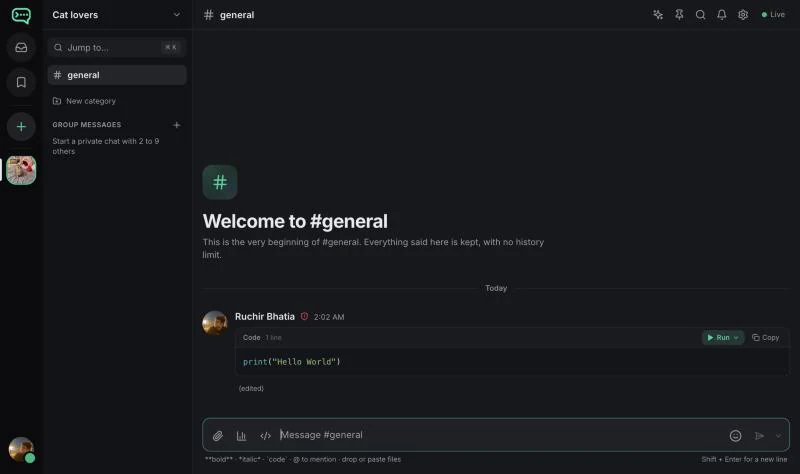 Sociopals running at sociopals.ruchirbhatia.com: a Python snippet is typed into the chat's code editor, sent to #general, and run with Run Python, printing 'Fastest lap: 91.8s' and 'Average: 92.36s'